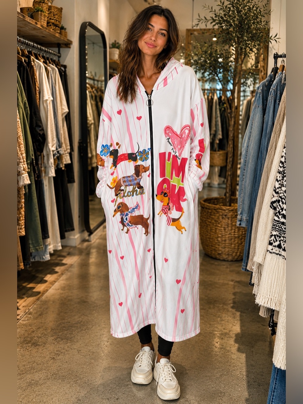 E07. From Italy 🇮🇹 Hooded Long Zip Jacket with Dachshund Print